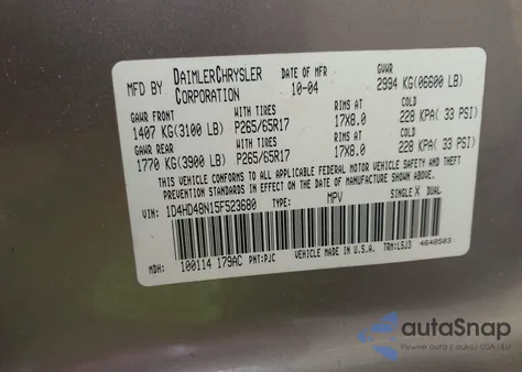 2005 Dodge Durango Slt z USA, uszkodzony, nr VIN 1D4HD48N15F523680